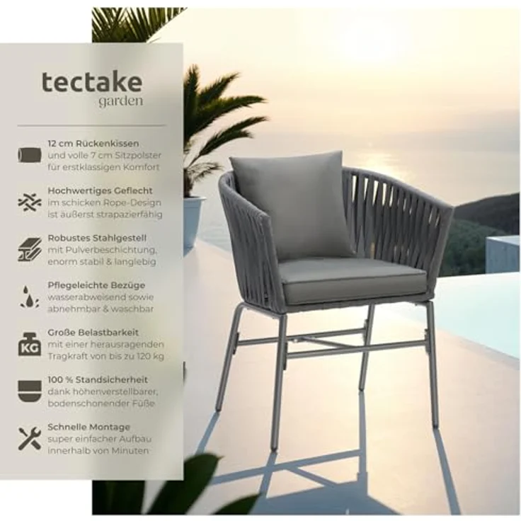 tectake® Gartenstühle Set, Geflecht-Stuhl, Gartenstuhl Rope, Stühle Outdoor, Balkon Sessel, Terrassenmöbel mit Sitzpolster und Kissen für Garten, als Terrassenstuhl, Gartensessel - 4er Set – Bild 5