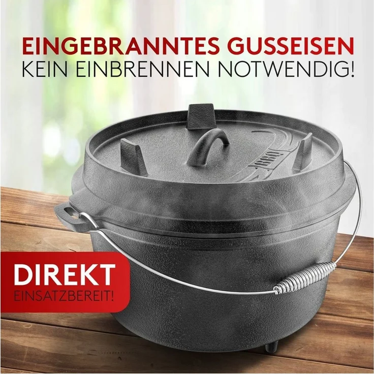 Amandi Feuertopf BBQ Dutch Oven Feuertopf - Gusseisen Set 7L für Grill & Lagerfeuer, Gusseisen, Voreingebrannt inklusive Deckelheber und E-Book – Bild 1