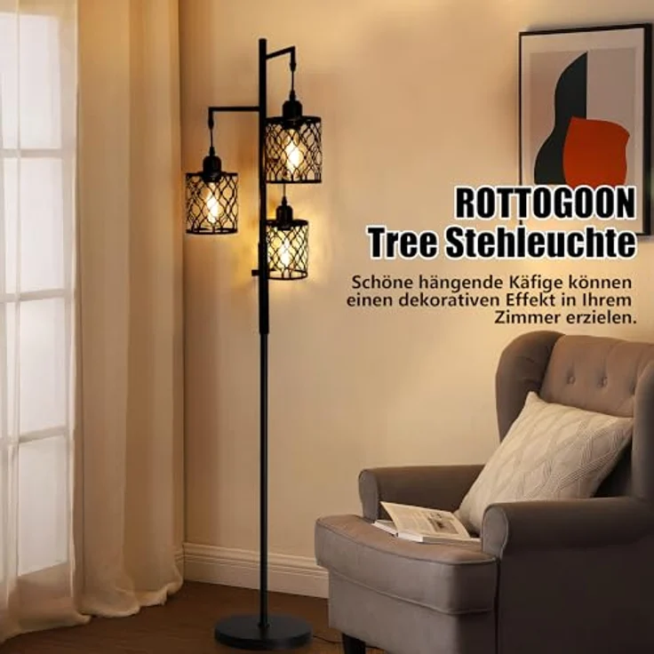 ROTTOGOON dimmbare 3-flammige Landhaus-Standleuchte 172cm - Industrielle Stehlampe mit 3x6W LED für Wohnzimmer, Schlafzimmer & Büro - Rustikale Stehleuchte, Schwarz – Bild 7
