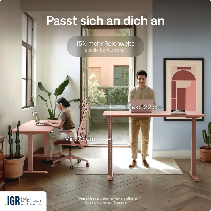 Desktronic HomeOne Elektrisch höhenverstellbarer Schreibtisch 160x80cm Rosa/Schwarz mit Memory-Funktion, Anti-Kollisions Technologie, USB-A und USB-C-Ladeanschlüssen – Bild 7