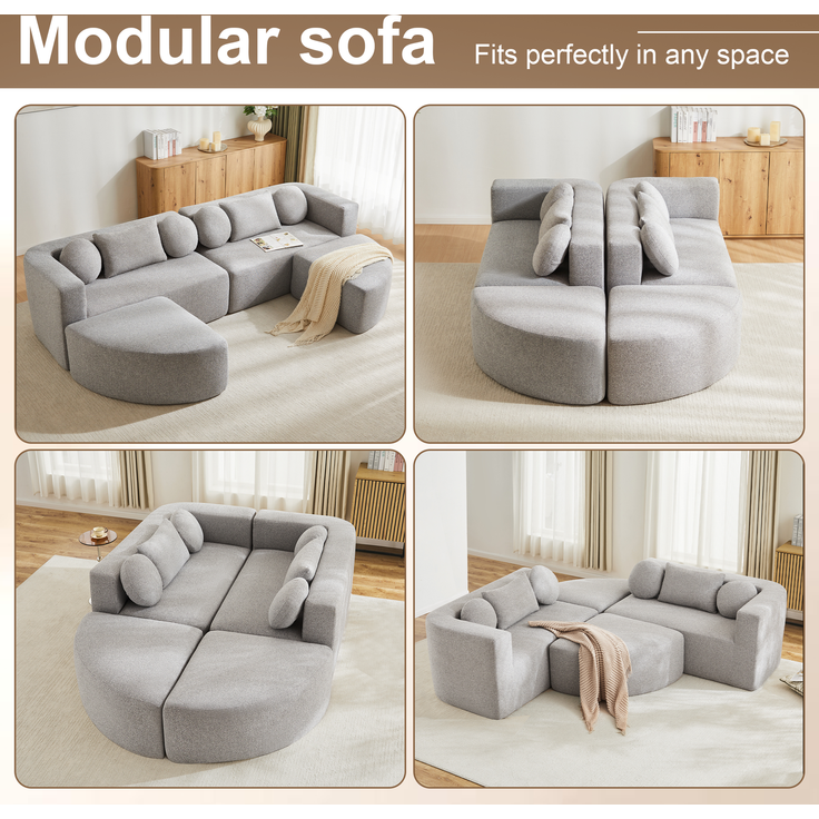 Merax 4-Sitzer Sofas, 292cm Modulare Sofa, Modulare Schlafcouch mit Schlaffunktion, Vollkomprimierte Cloud Couch, Chenille, Ohne Montage, Hellgrau – Bild 7