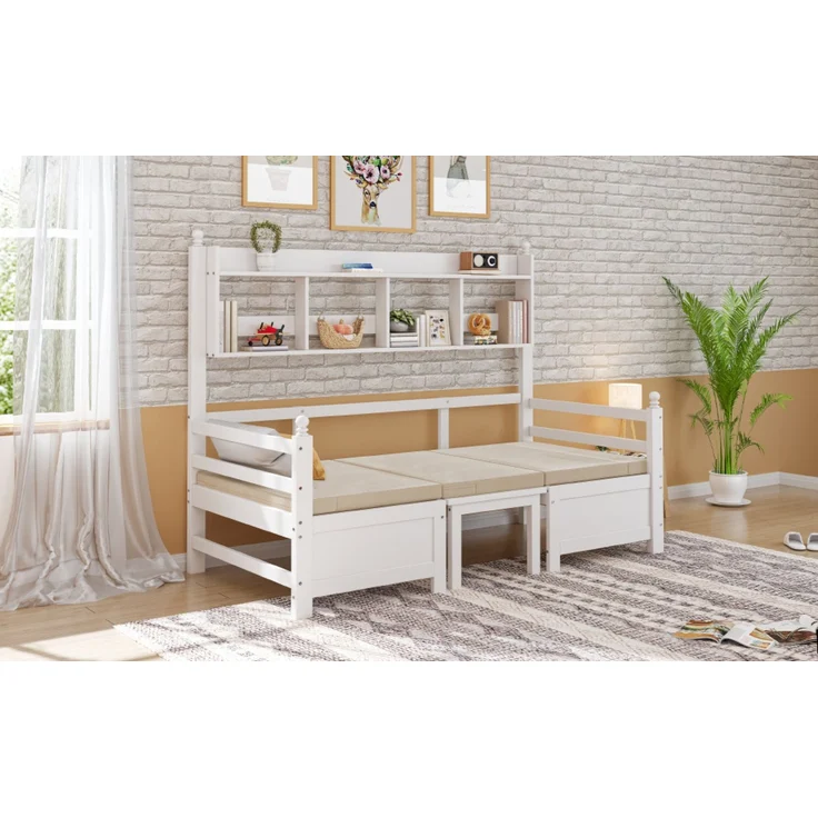 Merax Daybett Multifunktionales Massivholz Schlafsofa 200x90 cm, 2-in-1 Bett und Schreibtisch, Frei Umbaubar, Mit Bücherregal Zur Aufbewahrung, Mit Bequemen Kissen, Gästebett Einzelholzbett, Weiß – Bild 7