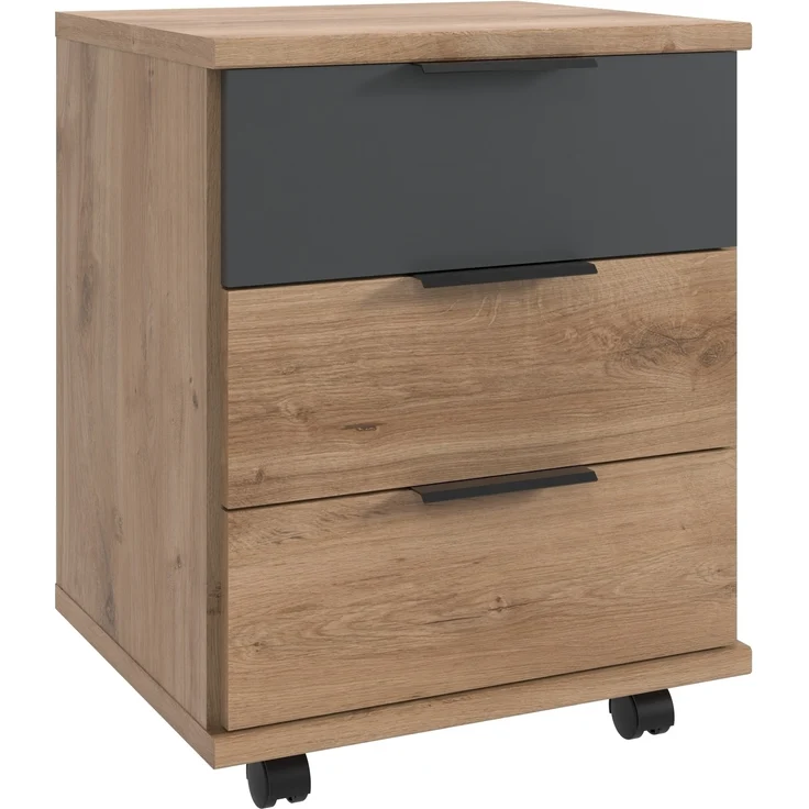 Rollcontainer >TEXEL< 4 Rollen, 3 Schübe, PLANKENEICHE Dekor + GRAPHIT - 46x58x40cm (BxHxT) – Bild 1