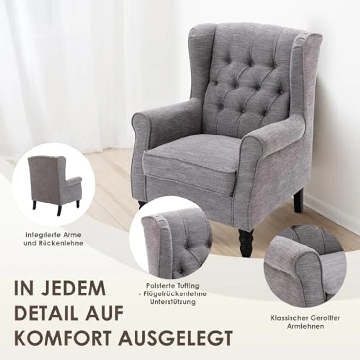 COLAMY Mid-Century Modern Sessel Wohnzimmer, Gepolsterter Wingback-Sessel mit Knopfsteppung, loungesessel Bezug aus Gewebe mit Massivholzbeinen für Wohnzimmer, Büro, Café - Dunkelgrau – Bild 4
