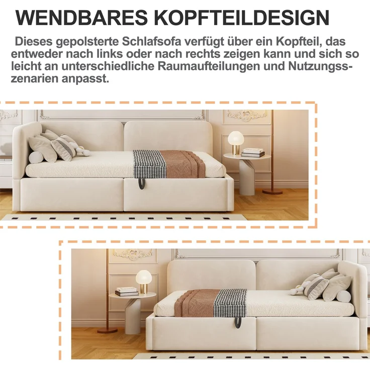 LVHOM Polsterbett 90x200 mit Stauraum, Samt Tagesbett mit Hydraulik, 2-in-1 Schlafsofa Bettgestell mit Lattenrost, Einzelbett, Beige – Bild 5