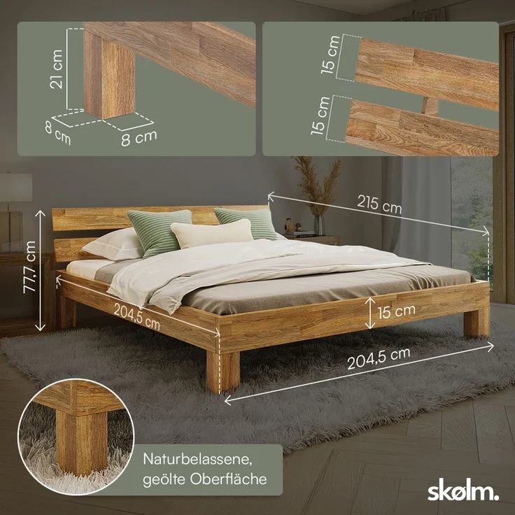 skølm 'Floki' Bett 200x200 cm, Bettgestell, natur geölt, Massivholzbett aus Eiche, Doppelbett mit Bettkopf – Bild 6