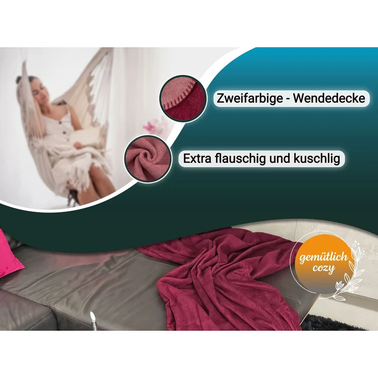 ZOLLNER Kuscheldecke in Wendeoptik, 150x200 cm, bordeaux-hellrot – Bild 3