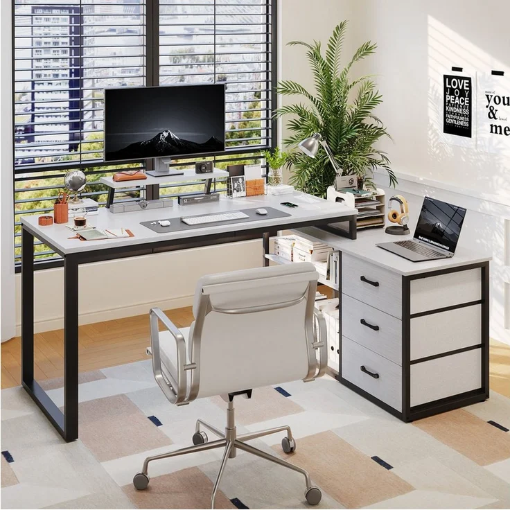 HOMALL Schreibtisch L-förmiger Eckschreibtisch mit USB-Anschluss und zwei Steckdosen. (140 x 100 x 75 cm, mit Monitorständer und Beleuchtung, L-förmiger Schreibtisch/Gaming-Tisch, umwandelbar in einen I-förmigen Schreibtisch, mit drei Schubladen und zw... – Bild 3