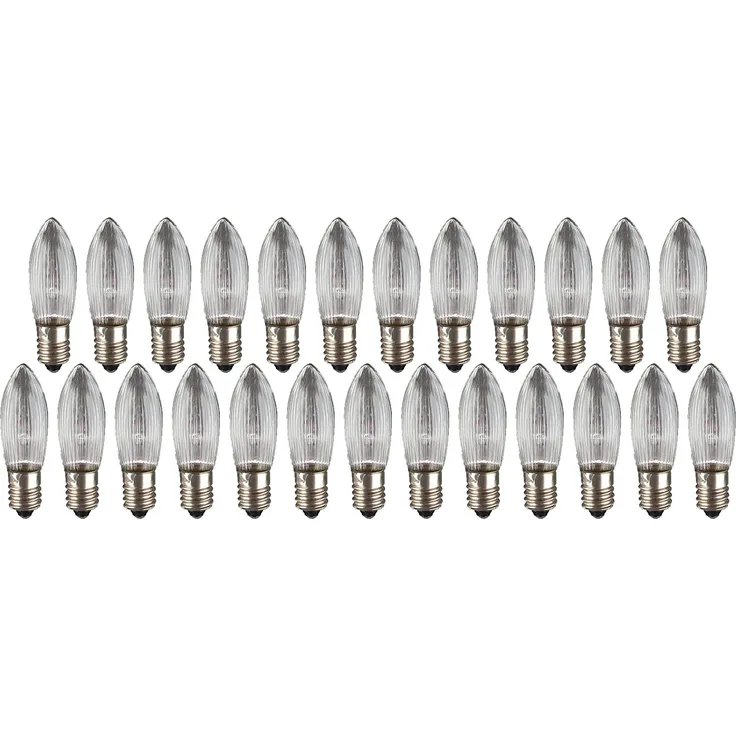 hellum Ersatz-Kerzen für Schwibbogen, 25 Stück 8V 3W Riffelkerze für Weihnachtsbaum Kerzen Lichterketten innen mit 30 Brennstellen, Birnen für Lichterbogen E10/ 8V/ 3W/ 22 Lumen 911114