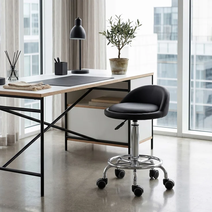 MELAYR, Rollhocker mit Rückenlehne 57-72 cm höhenverstellbar Drehhocker für Büro Salon Massage, Schwarz – Bild 4