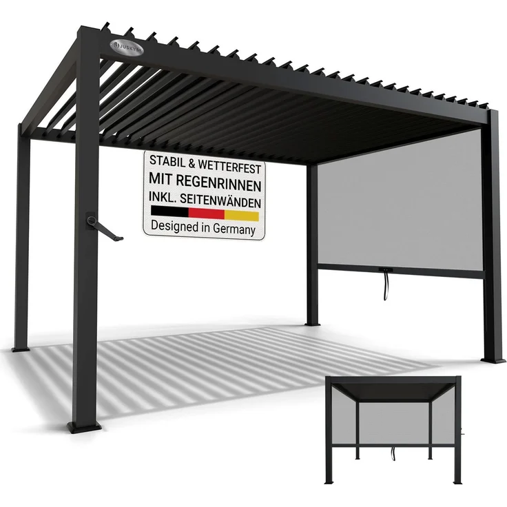 Juskys Lamellendach Tahiti 3x4 m inkl. Seitenwand 3 m in Anthrazit - Terrassenüberdachung stabil & wetterfest - Überdachung für Garten & Terrasse – Bild 1