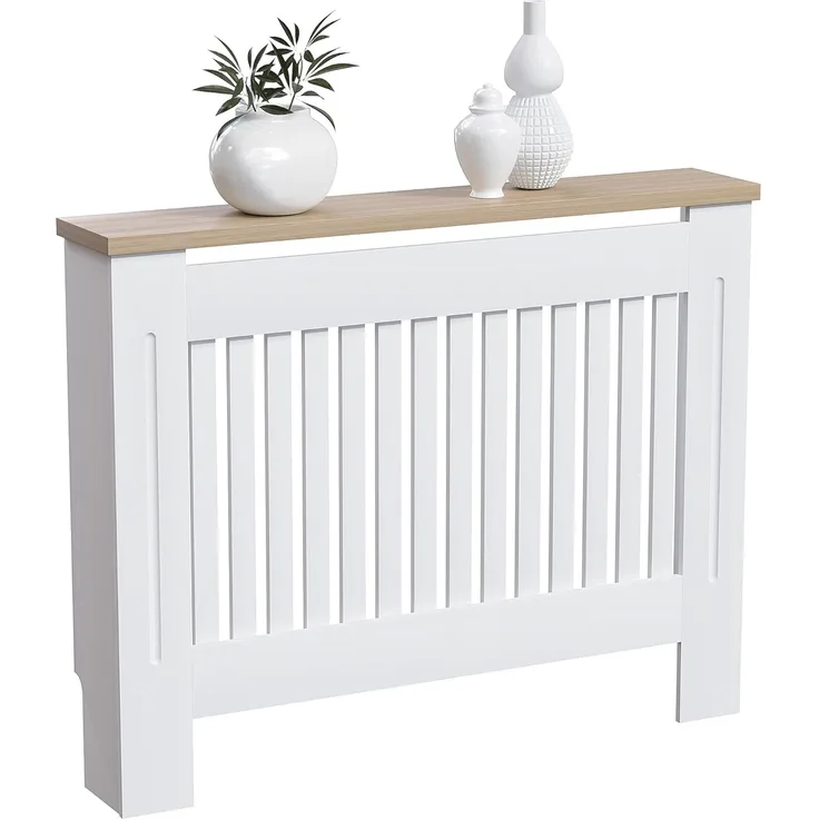 Vida Designs Arlington Heizkörper-Abdeckung, moderner, weiß-lackierter Schrank aus mitteldichter Faserplatte, Lamellen, Rillen, obere Regalplatte aus Holz, mittelgroß
