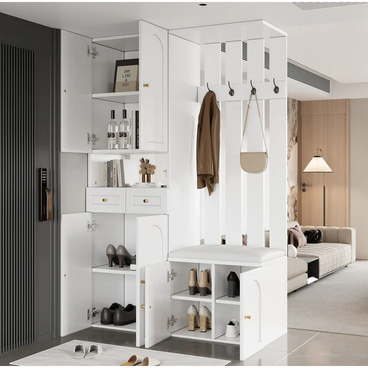 DESVIAE Garderobenschrank-Set mit Schuhbank, 110x180x37 cm, Spanplatte Weiß, 2 Schubladen und 4 Haken – Bild 1
