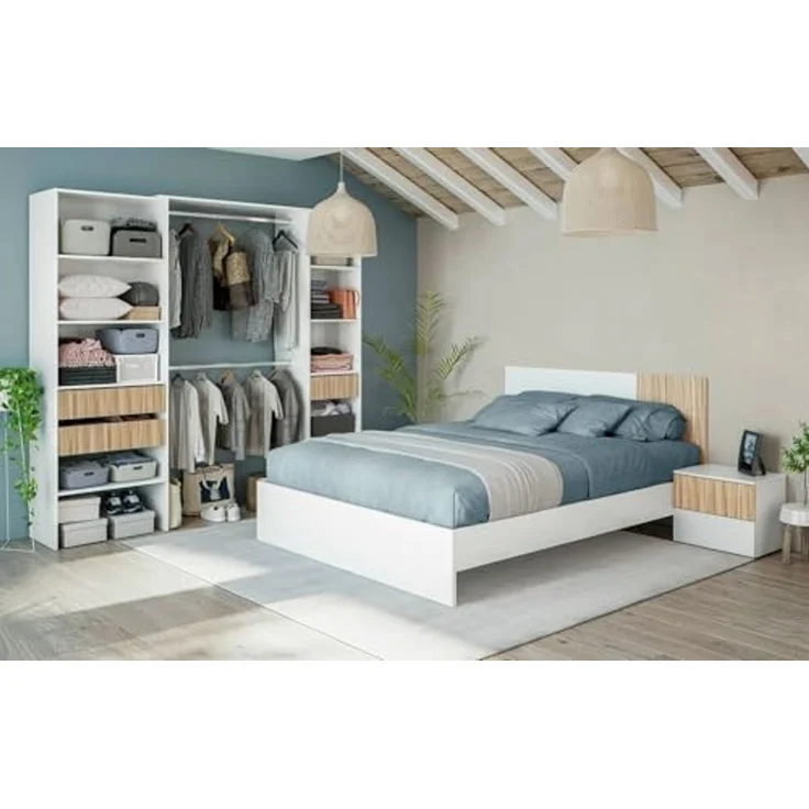 Dmora - Kleiderschrank Worland, Schlafzimmermöbel, Kleiderbügel mit Regalen und 3 Schubladen, 196 x 40 x 187 cm, Weiß und Eiche – Bild 4