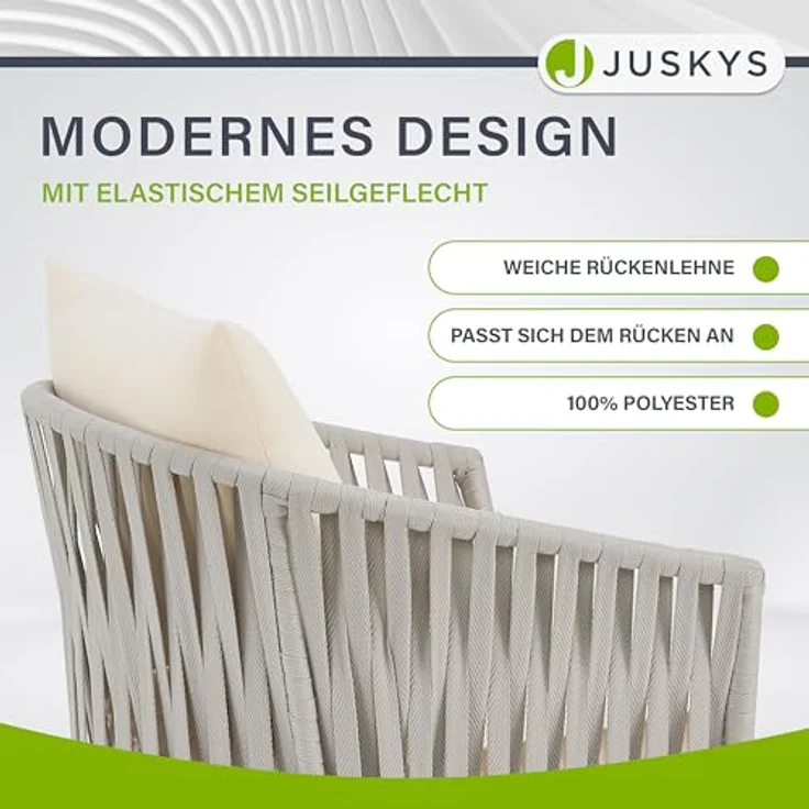 Juskys Rope Stühle 2er Set - Gartenstühle mit Seilgeflecht & Polster – wetterfester & bis 160 kg belastbar - Stahl mit Pulverbeschichtung - Hellgrau – Bild 6