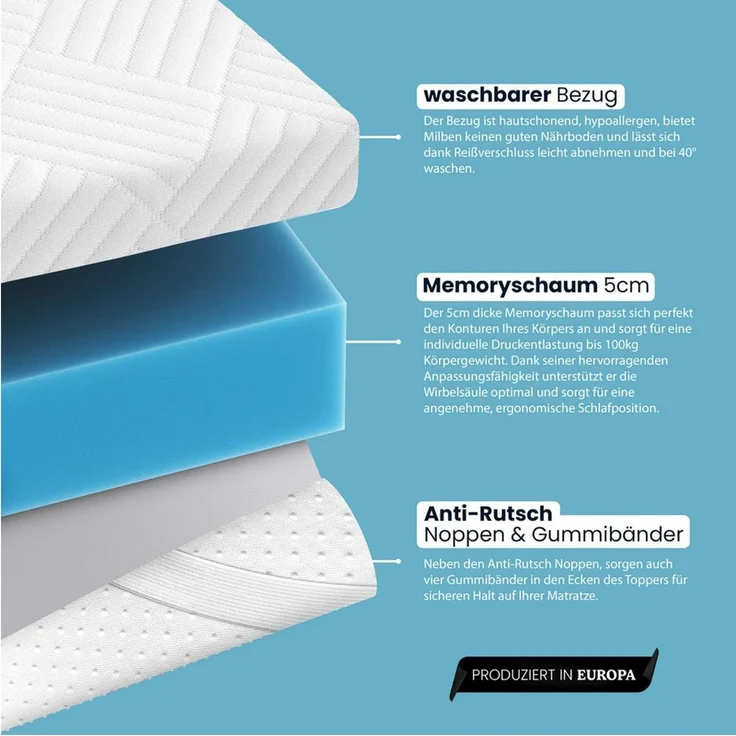 Gentle North, Topper Memory Schaum Topper 5/7 cm - Matratzentopper, 5 cm hoch, Memoryschaum, ergonomisch, rutschfest, schadstoffgeprüft – Bild 3