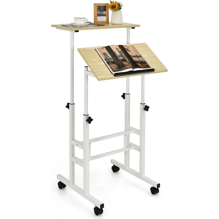 Costway höhenverstellbarer Sitz-Steh Schreibtisch auf Rollen, mit 2 Tischplatten, Natur, 60 x 30 x 72-124 cm – Bild 1