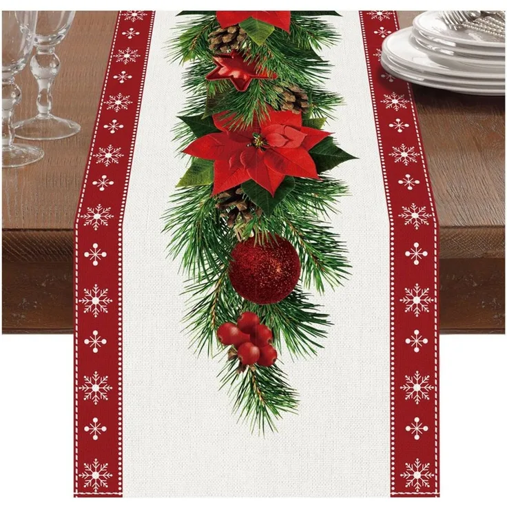 Bomiclss Tischläufer Roter Leinen-Weihnachtstischläufer 230x33 cm (1-tlg), Festliche Tischdekoration für Weihnachtsmittelstücke und Feiertagsdeko