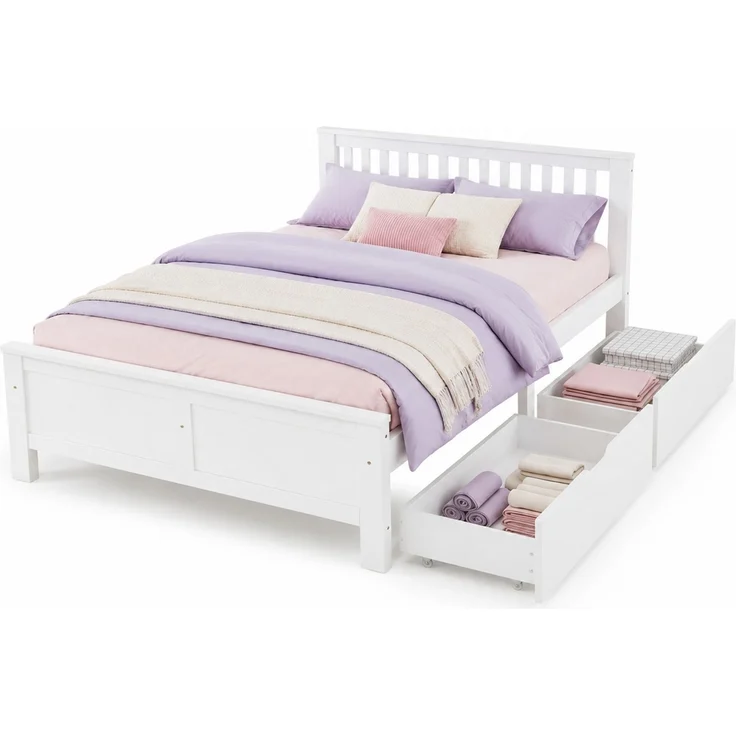 CHICFURN Doppelbett aus Kiefernholz und MDF Weiß 140x200 cm mit 2 Schubladen – Bild 7