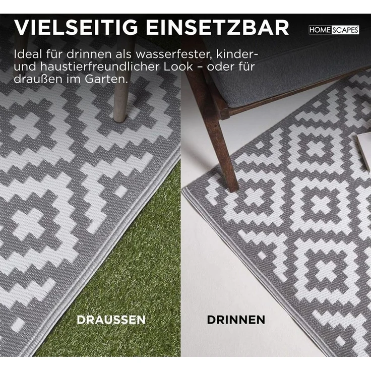 Homescapes Outdoorteppich Outdoor Teppich-Läufer Zoe 75 x 200 cm – grau-weiß, geometrisch, rechteckig, Höhe: 20 mm – Bild 4