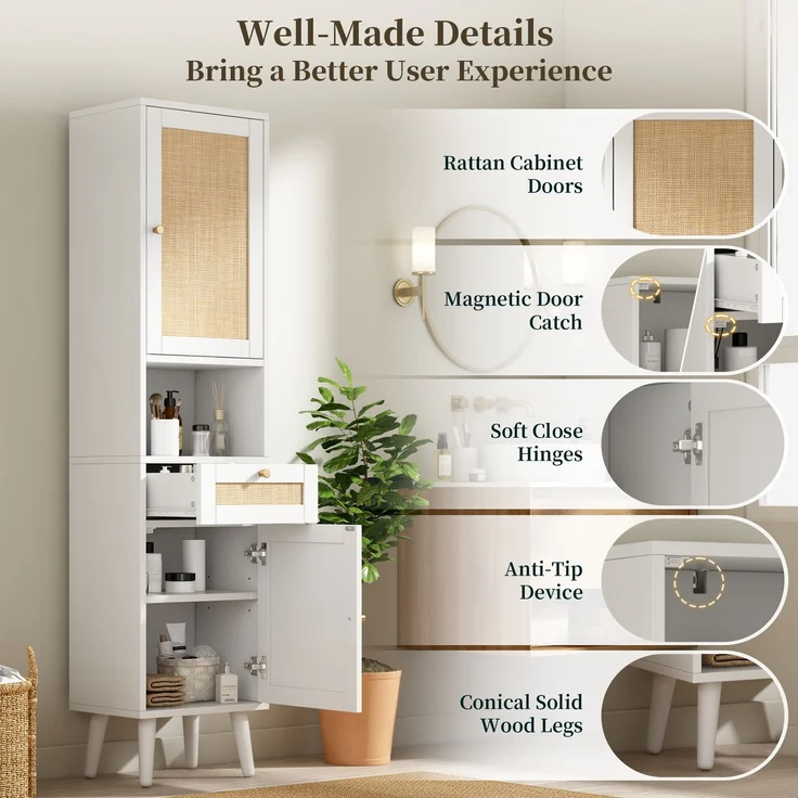 Flieks Badezimmer-Hochschrank 40x30x166 cm, Badschrank aus weißem MDF mit Rattan-Türen, Schublade, Soft-Close & wendbarer Montage – Bild 6