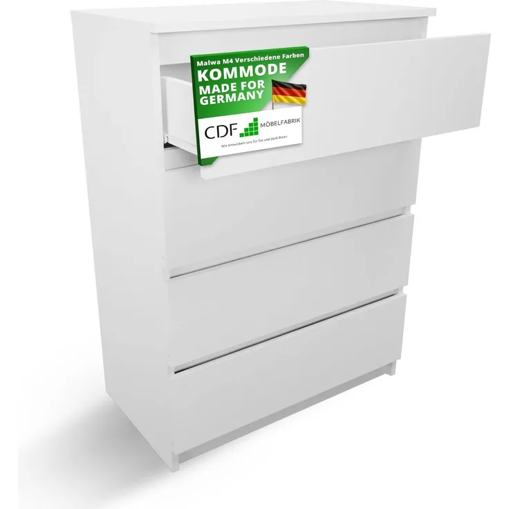 CDF Kommode Weiß mit 4 Schubladen 97 cm Hoch Sideboard Schmale Komode Schlafzimmerkommode für Flur Büro Schlafzimmer Wohnzimmer Schubladenschrank Regal mit Schubladen Schrank Modernes Möbelstück