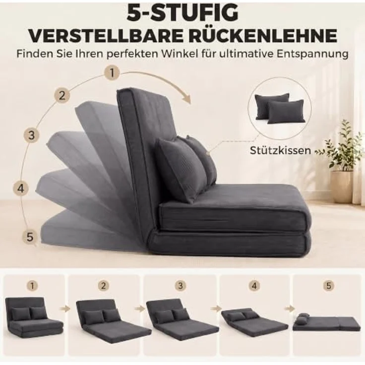 HOMCOM Bodenkissen 3 in 1 Schlafsofa Klappsofa mit 2 Kissen und Verstellbarer Rückenlehne, 3-in-1, 5-fach verstellbar, 2 Kissen – Bild 5