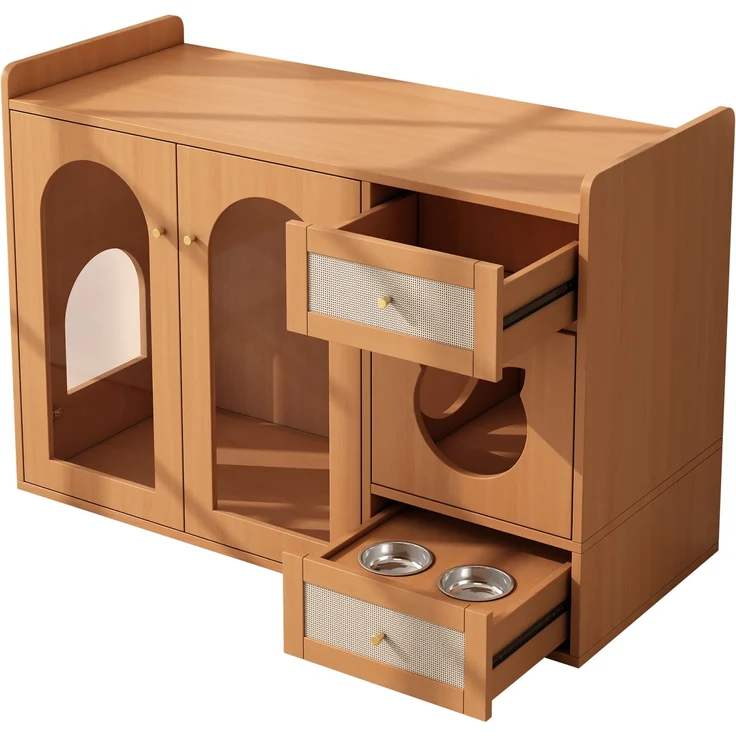 Mehrzweckiges Katzenhaus & Katzenkloschrank – haustiertierfreundlicher Beistellschrank mit Futterschalen, Katzenruheraum, Lagerbereich (ohne Katzenklo & Katzenkissen), Nussbaumfarben, 120x45x83 cm – Bild 5