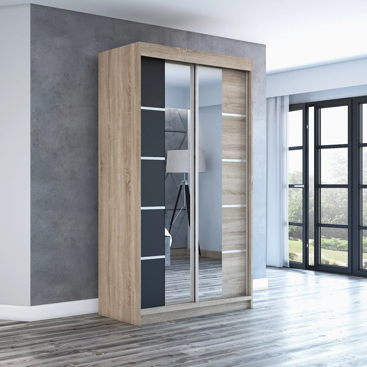Schwebetürenschrank ERA 2-türig Schrank 120 cm (mit Spiegel) Farbe: Sonoma , schwarz – Bild 2