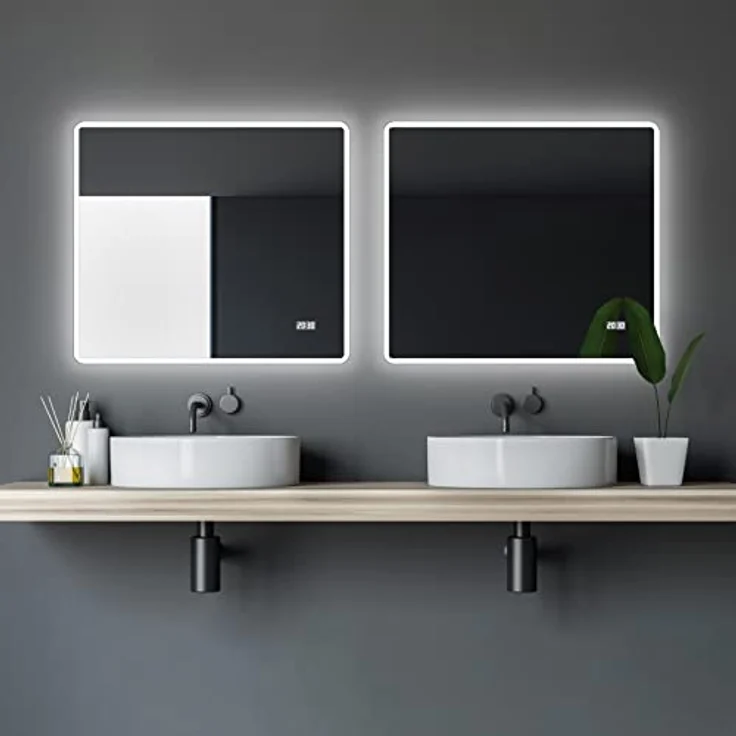 Talos Sun LED Badspiegel, 80x70 cm, mit Lichtumrahmung und Digitaluhr, Aluminiumrahmen in gebürsteter Stahloptik – Bild 4