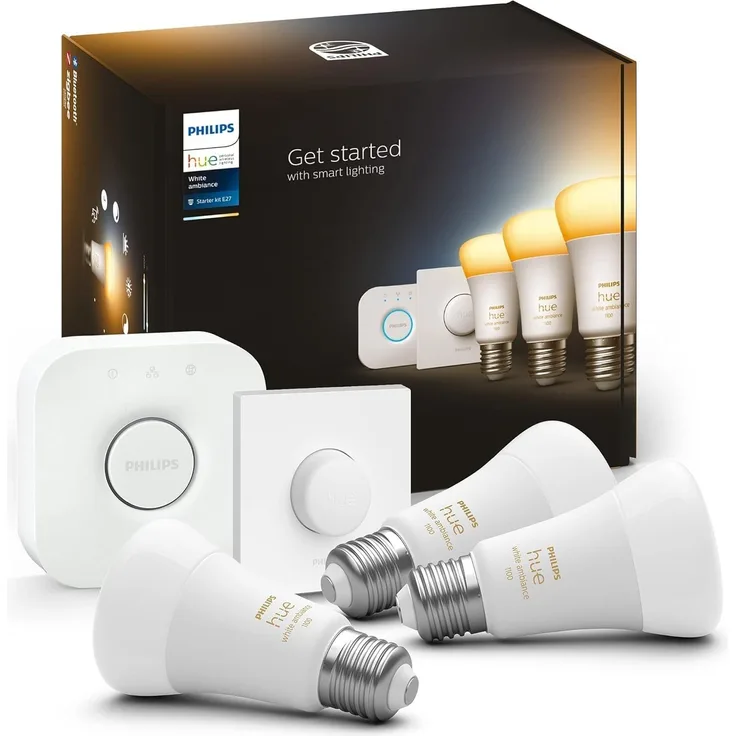 Philips Hue White Ambiance E27 3er Starter Set inkl. Smart Button 3x1100, dimmbar, alle Weißschattierungen, steuerbar via App, kompatibel mit Amazon Alexa (Echo, Echo Dot)