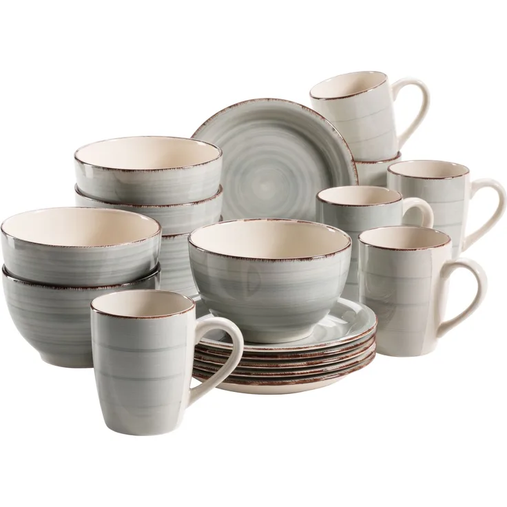 Mäser 931492 Lumaca Frühstück-Service für 6 Personen im Vintage Look, handbemalte Keramik, Steingut, rauchblau, 18-teilig (1 Set)