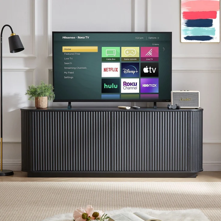 DESVIAE Sideboard mit 4 Türen und Wellenmuster 162,5x61x38 cm MDF Schwarz – Bild 2