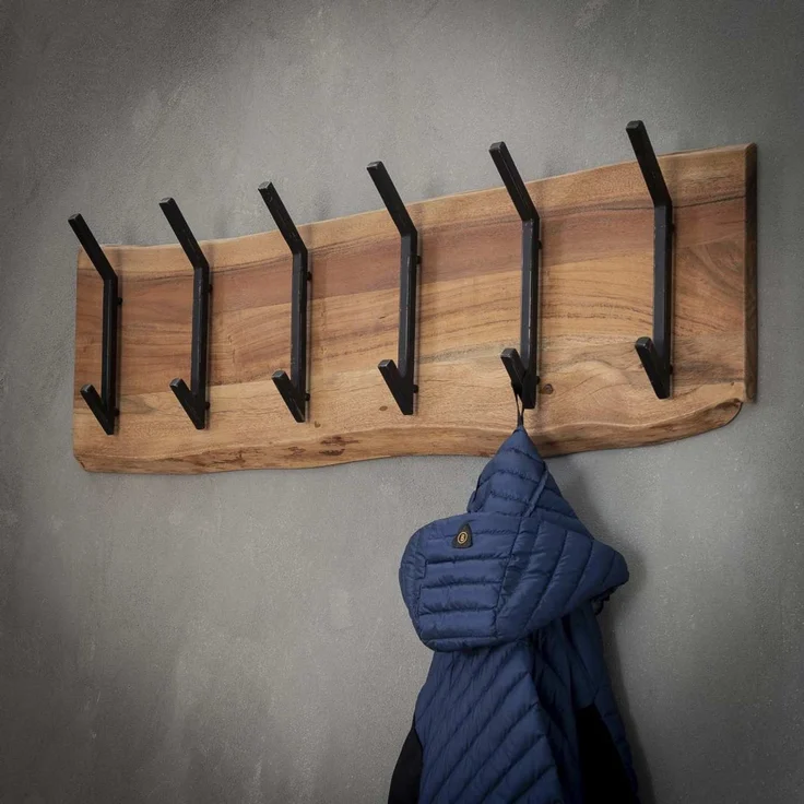 Garderobe aus massivem Akazienholz, modern mit Baumkante, 6 Haken, Natur, Wandmontage – Bild 6