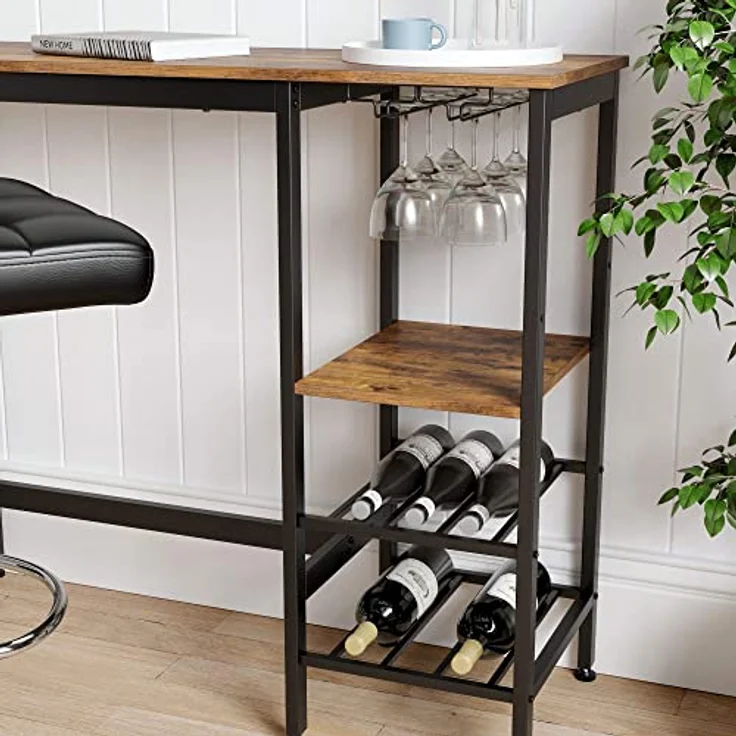 Vasagle Bartisch, 110 x 40 x 90 cm, mit Halterungen für Weingläser und Flaschen, Vintagebraun/Schwarz LBT013B01 – Bild 3