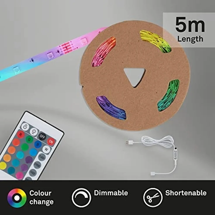 BRILONER - USB LED Strip 5m mit Fernbedienung, buntes RGB Licht, kürzbar, LED Streifen, Leiste, Zimmer deko, Gaming Deko, Band, Lichtleiste, Lichtband, 500 x 1 x 0,3 cm, Weiß – Bild 2