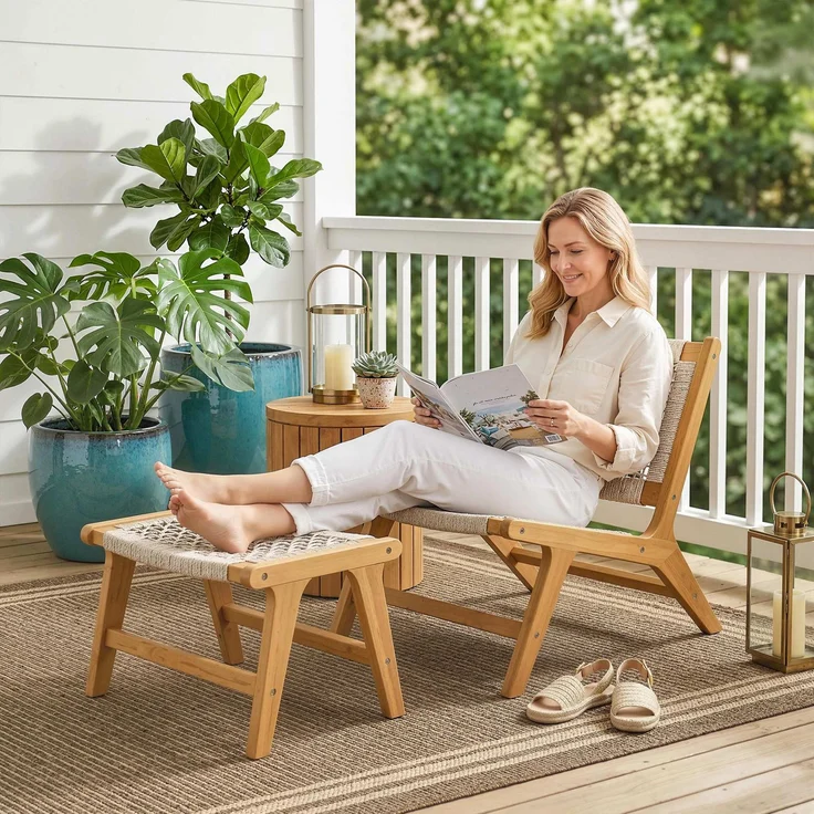 MELAYR, Gartensessel mit Hocker 2-teilig FSC Akazienholz Outdoor Loungesessel mit Rattan-Sitz, 83 x 60 x 73.5 cm, Beige – Bild 3