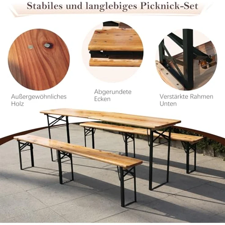 Ball & Cast Bierzeltgarnitur 3-teilig, Biertisch Klapptisch mit 2 Sitzbänken, Camping Tisch faltbar, Wetterfester Kiefer Massiv, Natur, 220 cm – Bild 4