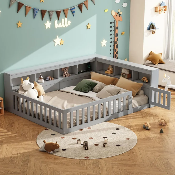 FAVSH Bodenbett 90x200 cm, Tagesbett & Schlafsofa mit Stauraum, Seitenschublade und USB-Anschlüssen, Bettgestell aus Spanplatte mit Lattenrost, ohne Matratze, Grau