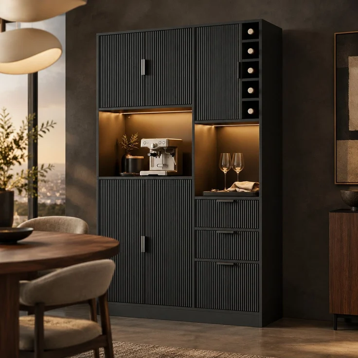 Küchen-Buffetschrank aus MDF mit Weinregal, LED-Beleuchtung & Ladeanschlüssen, 105x40x180 cm, Schwarz – Bild 1