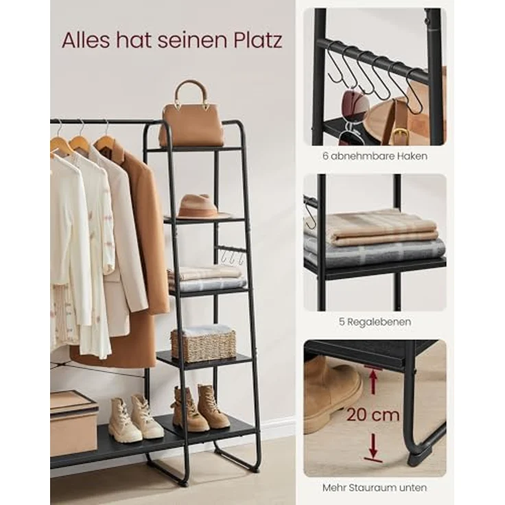 VASAGLE Kleiderständer, Garderobenständer, 45 x 120 x 160 cm Garderobe, Kleiderstange, Schuhablage, offener Kleiderschrank, 6 Haken abnehmbar, Schlafzimmer Flur, ebenholzschwarz-Mattschwarz RGR116B02 – Bild 5