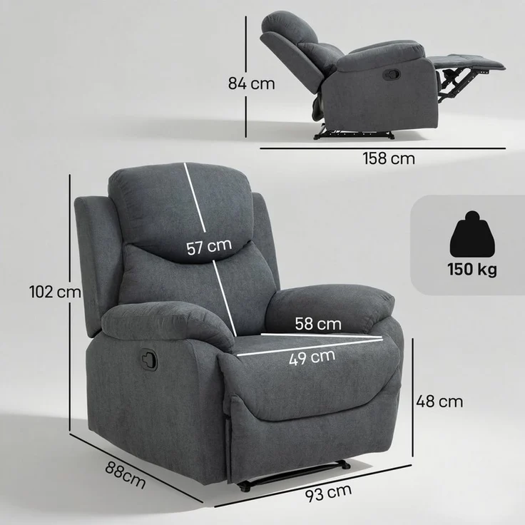 HOMCOM Relaxsessel Einzelsofa, Liege 150°, neigbarer Liegesessel (Ruhesessel, 1-St, Fernsehsessel), für Wohnzimmer, Dunkelgrau – Bild 3