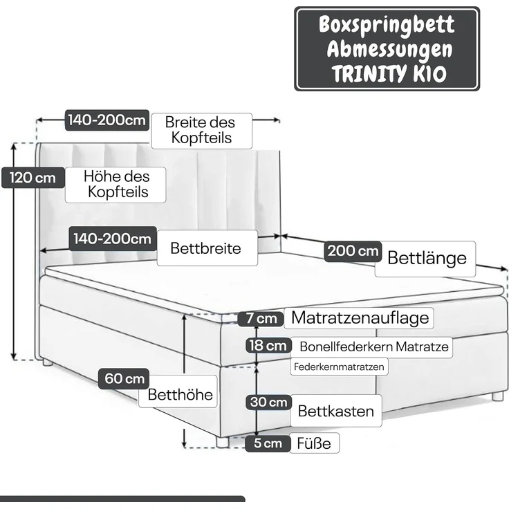 Best for Home Boxspringbett mit Bettkasten Trinity K-10 Bonellfederkern inkl. 7 cm Topper (Bonell-Matratze, gepolstertes Kopfteil, Doppelbett versch. Größen, 140x200 160x200 180x200 200x200 cm), Handwerksqualität, TOP Preis-Leistungs-Verhältnis – Bild 4