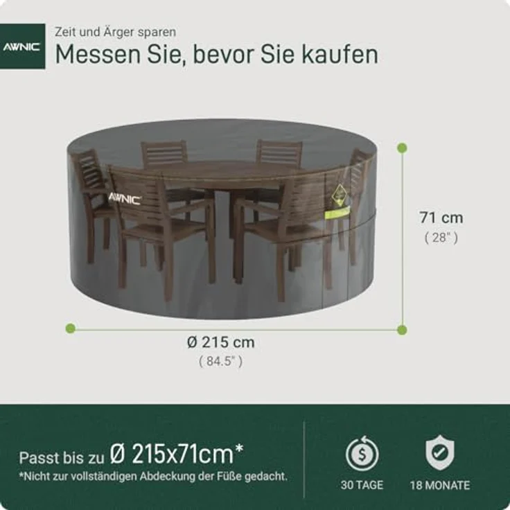 Awnic Gartenmöbel Abdeckung wasserdicht mit Haken Winterfest, 420D Oxford mit AlicanTex wetterfeste Technologie, Winddicht Anti-UV Gartentisch Abdeckplane, rund Schwarz (Ø215*71cm) – Bild 7