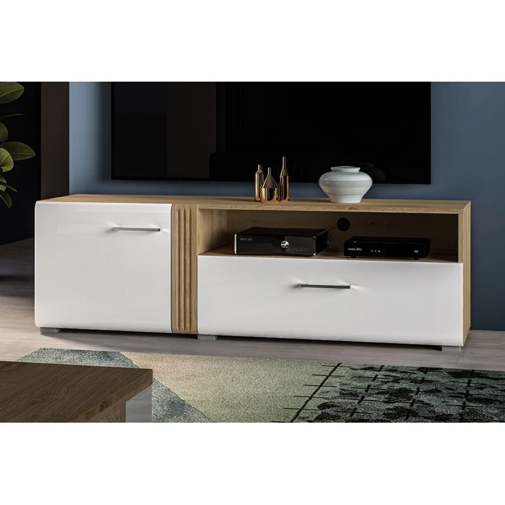 TV Lowboard 150 cm in Eiche Castello Nb. mit weiß Hochglanz AKRON-131 MDF Front mit edler Fräsung, B/H/T: ca. 150/47/42 cm – Bild 4