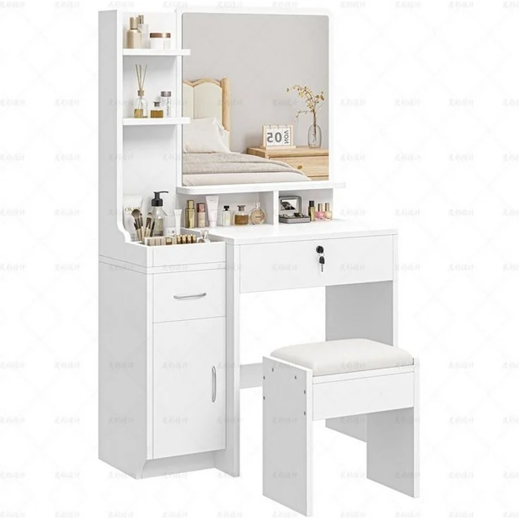 Dripex Schminktisch mit Spiegel, Hocker und Schubladen, Weiß, 87 x 38,3 x 141,5 cm, Mit seitlichem Stauraum – Bild 4
