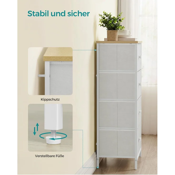 Songmics 'STL314W57' Kommode mit 4 Stoff-Schubladen, Holz / Stahl cremeweiß-eichenfarben, 91,7 x 30 x 45 cm – Bild 8
