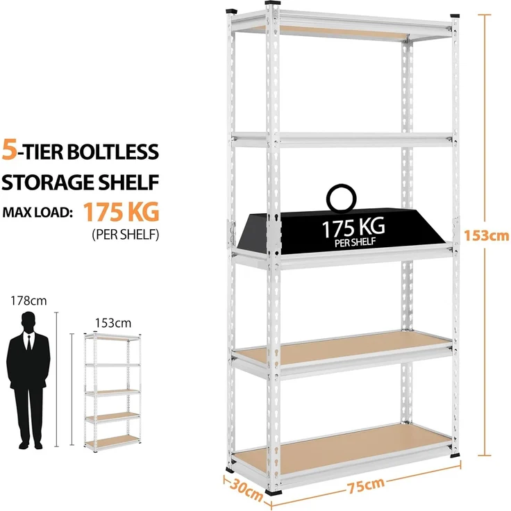 Yaheetech 5-stufiges Lagerregal Schwerlastregal mit verstellbaren Regalböden 75 x 30 x 153 cm Kellerregal Standregal Steckregal je Fach bis 175kg belastbar, Silbern – Bild 3
