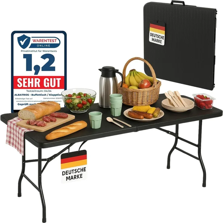 Albatros Buffettisch Klapptisch Schwarz/Rattan – robuste Konstruktion klappbar und hohe Tragkraft –für bis zu 10 Personen – für Bierzelt mit Tragegriff