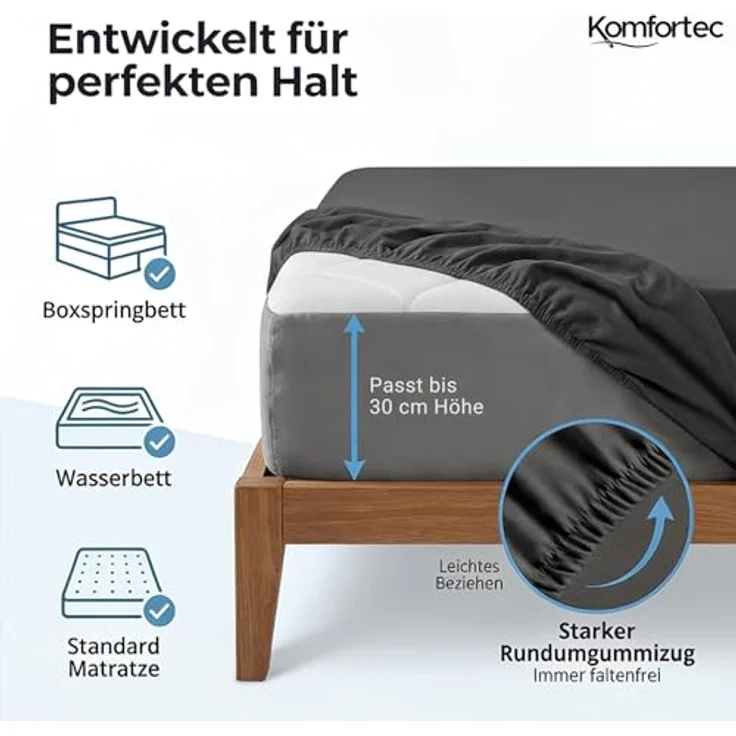 Komfortec Mikrofaser Spannbettlaken 200x200 cm – Weiches Spannbetttuch mit Rundumgummi – Fitted Sheet für Matratzen bis 30 cm – Anthrazit – Oeko-Tex – Pflegeleicht & Hautfreundlich – 90g/m² – Bild 3